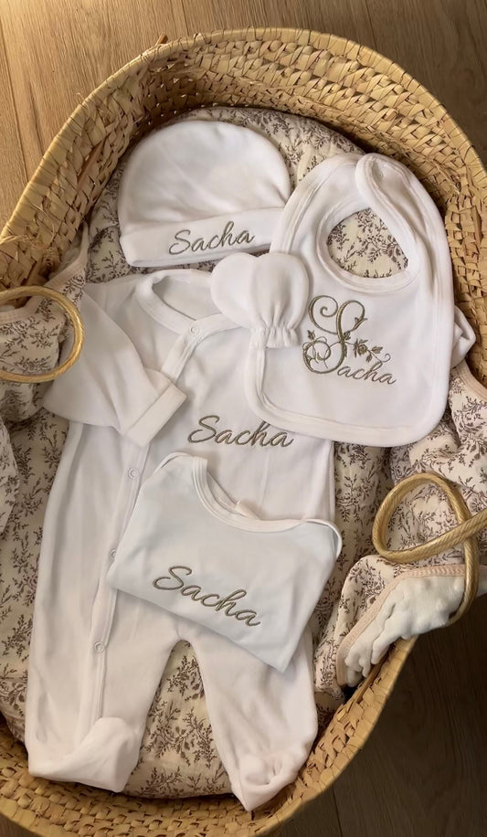 Tenue de naissance 5pcs personnalisée - Velours blanc