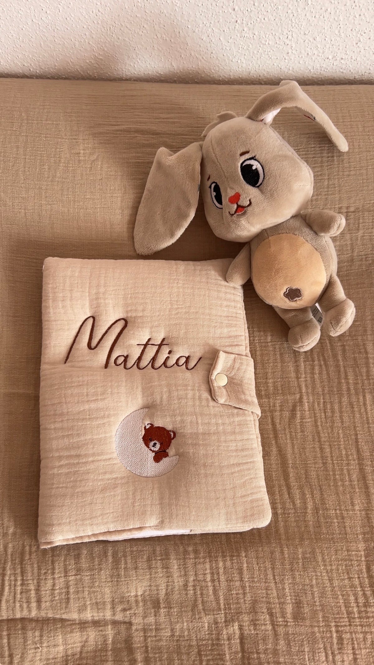 Protège carnet de santé personnalisé - Gaz de coton beige