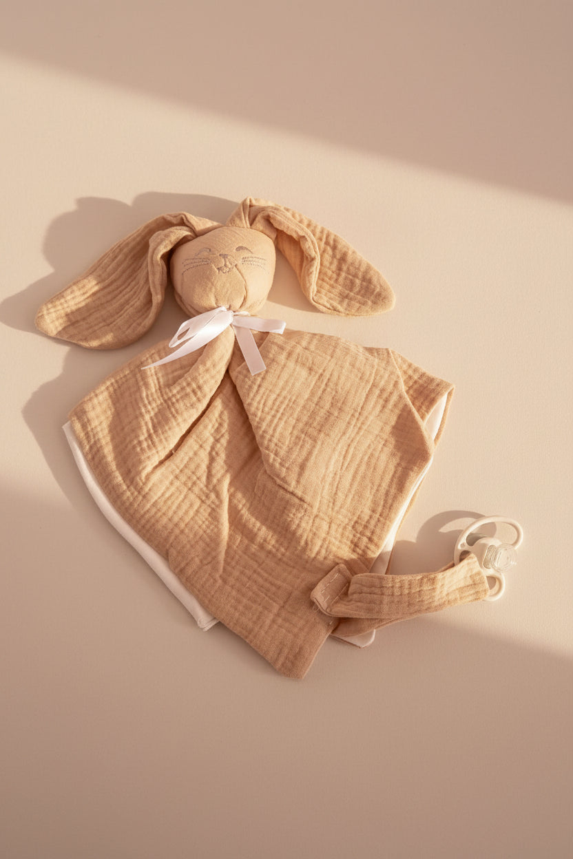 Doudou Lapinou en gaze de coton attache tétine intégrée - Personnalisable
