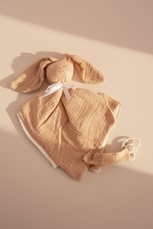 Doudou Lapinou avec attache tétine intégrée, personnalisé - Gaz de coton beige