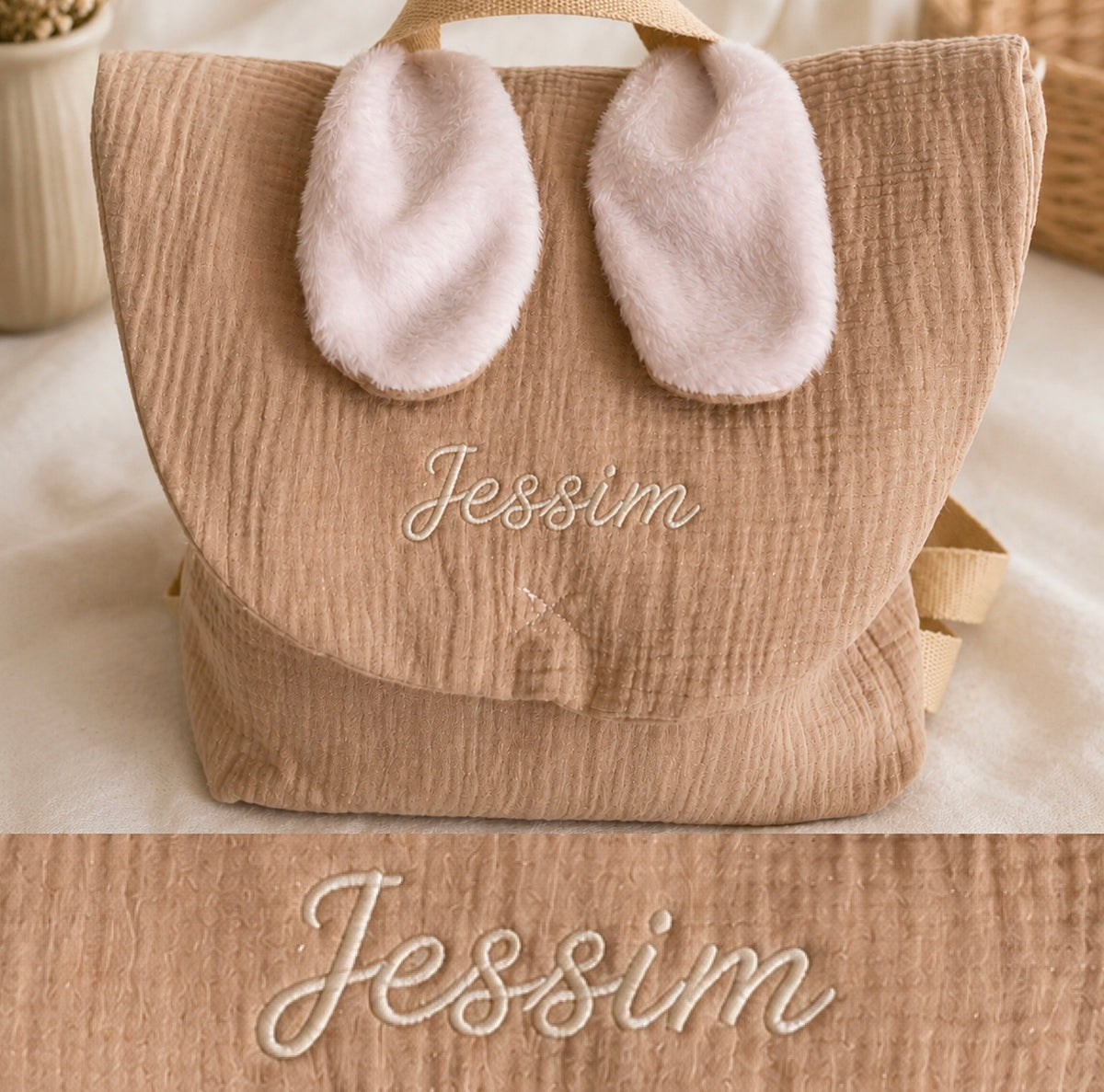 Sac à dos Lapinou personnalisé - Gaze de coton beige