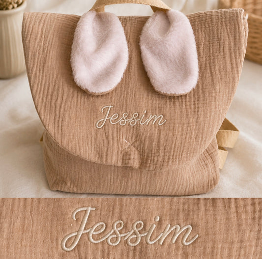 Sac à dos Lapinou personnalisé - Gaze de coton beige