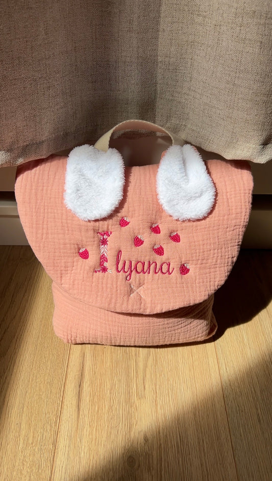 Sac à dos Lapinou personnalisé - Gaze de coton rose