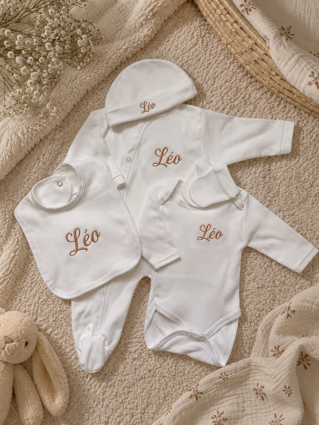 Tenue de naissance 5pcs personnalisée - Coton blanc