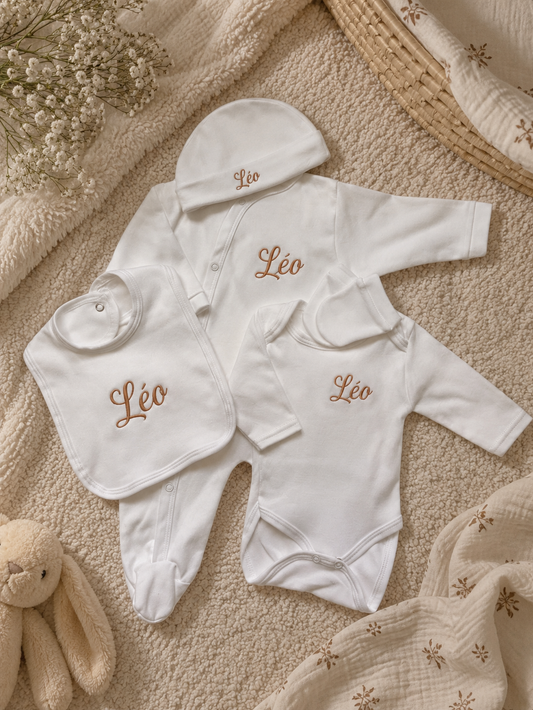 Tenue de naissance 5pcs personnalisée - Coton blanc