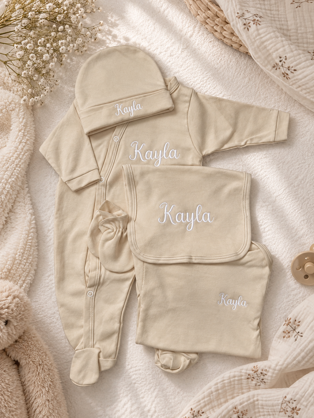 Tenue de naissance 5pcs personnalisée - Coton beige