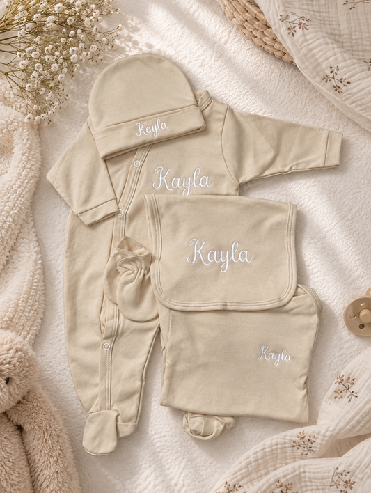 Tenue de naissance 5pcs personnalisée - Coton beige