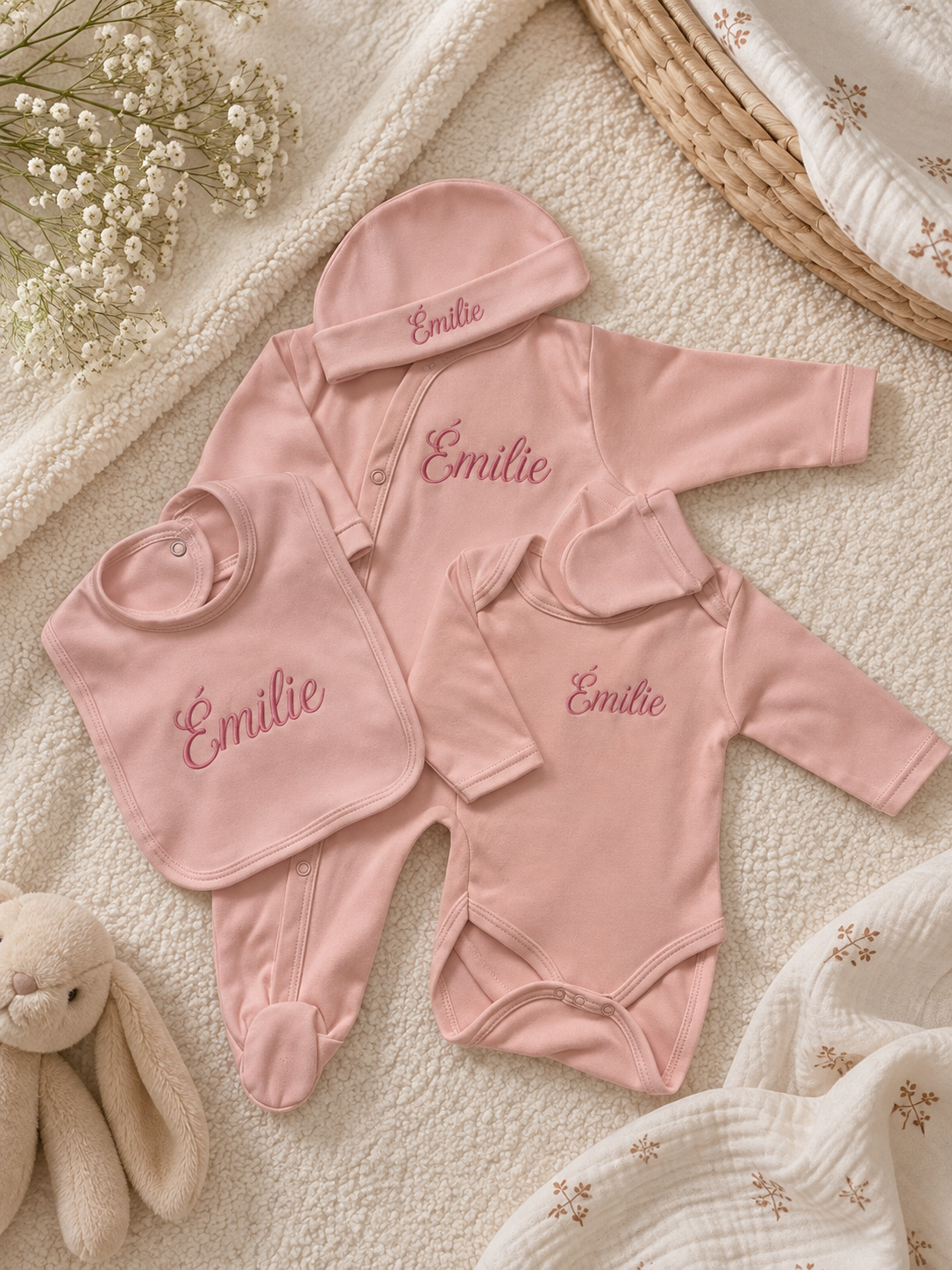 Tenue de naissance 5pcs personnalisée - Coton rose