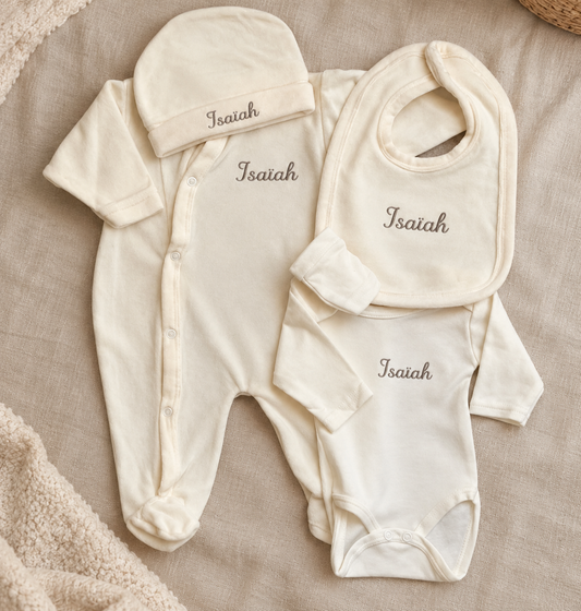 Tenue de naissance 5pcs personnalisée - Velours crème